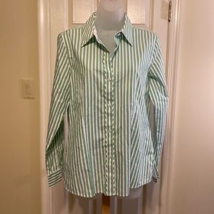 Orvis - Light green/white/blue striped wrinkle free button down shirt, Size: 8